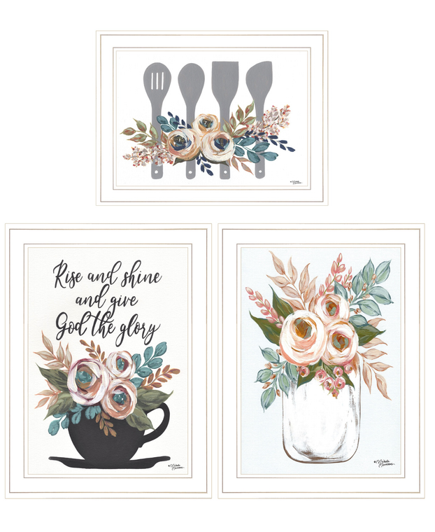 Set Of Three Rise and Shine White Framed Print Kitchen Wall Art - 608219241933
