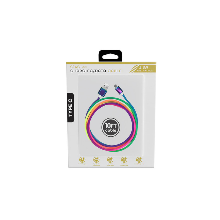 2A 10 ft Rainbow Rounded -TYPE C  USB Cable - 194162002566