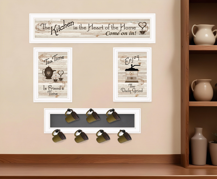 Set Of Four Kitchen Collection Seven Peg Mug Rack White Framed Print Kitchen Wall Art - 608219325527