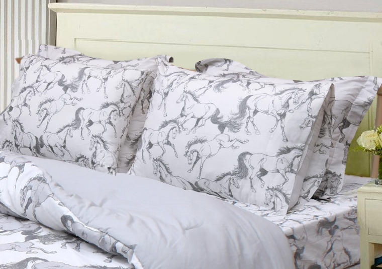 AWST Int'l "Lila" Elegant Horse Sheet Set- White w/ Gray- Twin
