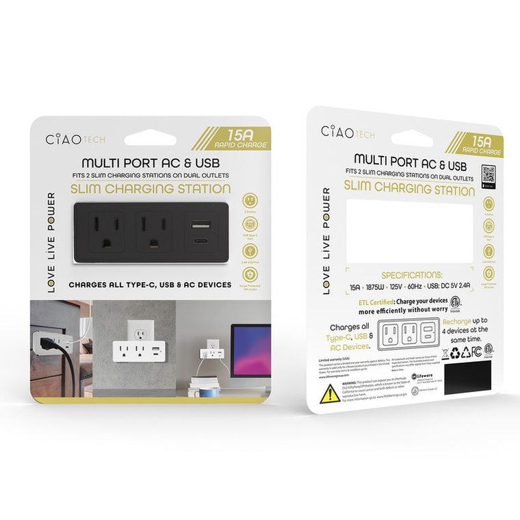 Slim Multiport Charging Station 2 Outlets + 1 USB + 1 Type C w/ Surge Protection