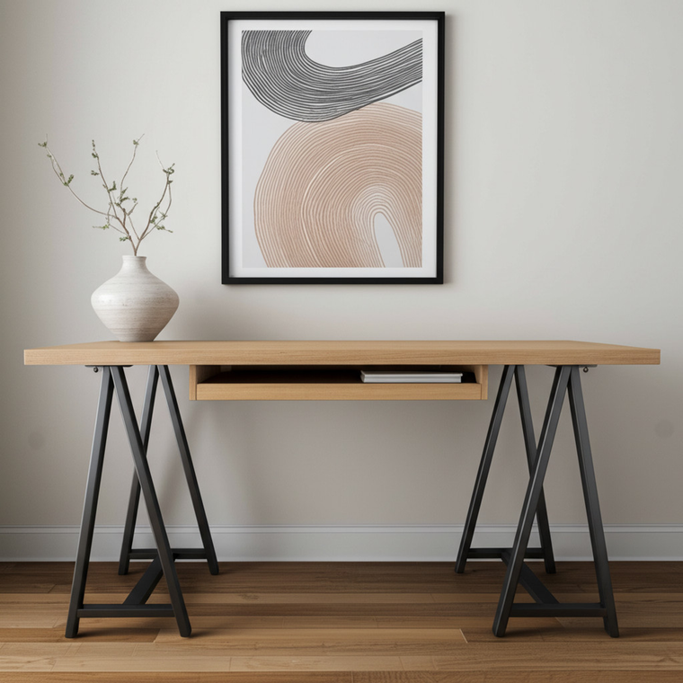 60" Natural and Black Solid Wood and Metal Trestle Executive Desk