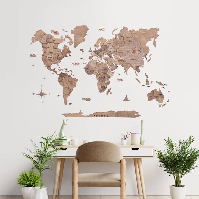 35" X 59" Wood Brown Wood World Map Hanging Dimensional Sculpture