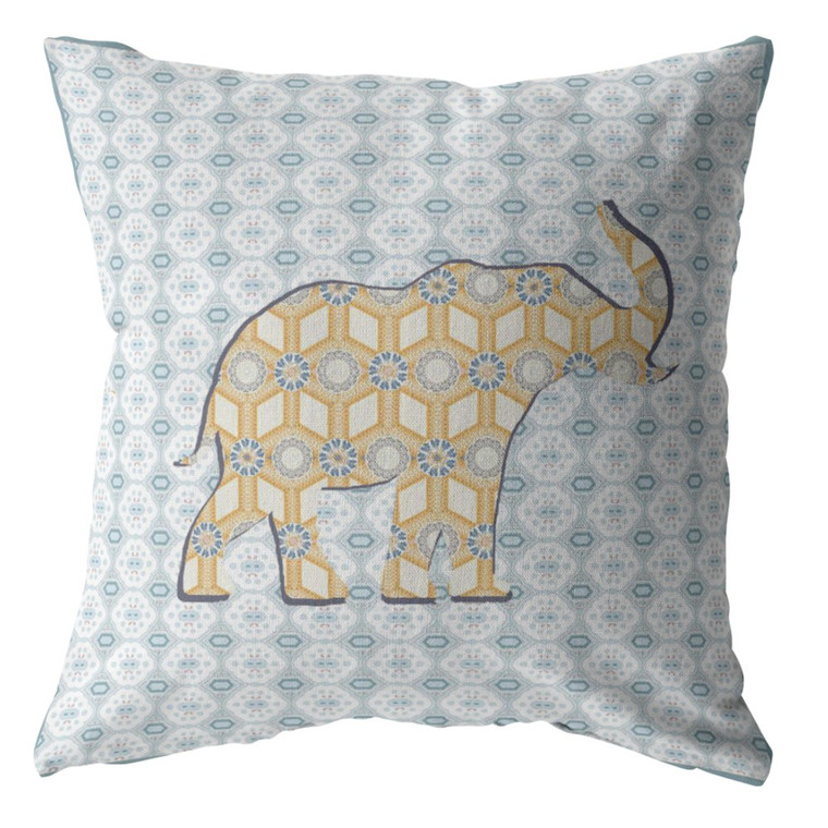16" Blue Yellow Elephant Indoor Outdoor Throw Pillow - 606114008170