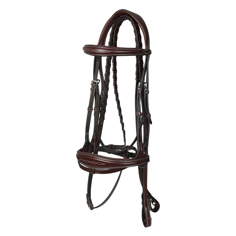 Henri de rivel Jamaika Pro Anatomical Fancy Raised Wide Flash Noseband Bridle with Raised laced reins-Havana-Pony