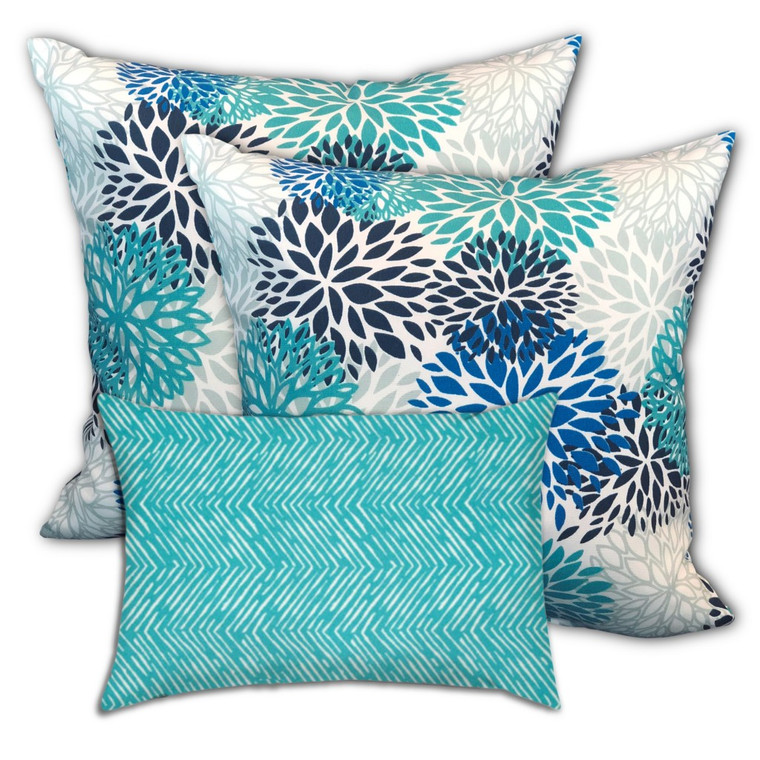 Set Of Three 18" X 18" Blue And White Zippered Floral Throw Indoor Outdoor Pillow - 606114094807