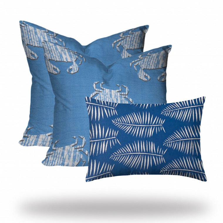 Set Of Three 20" X 20" Blue And White Crab Zippered Coastal Throw Indoor Outdoor Pillow - 606114096337