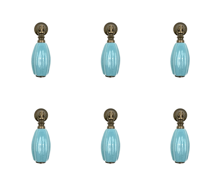 Set of Six Aqua And Brown Ribbed Ceramic Drawer Pull Knobs
