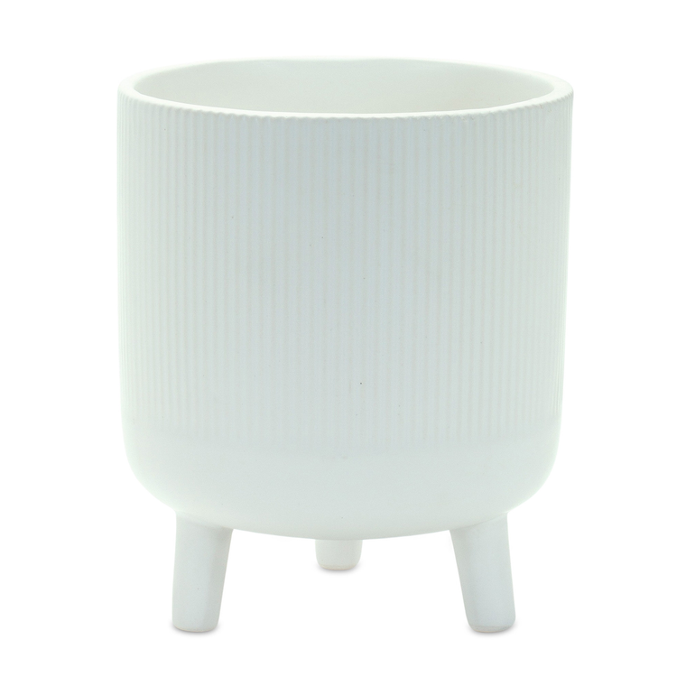 Set of Two White Ceramic Striped Footed Pot Planters