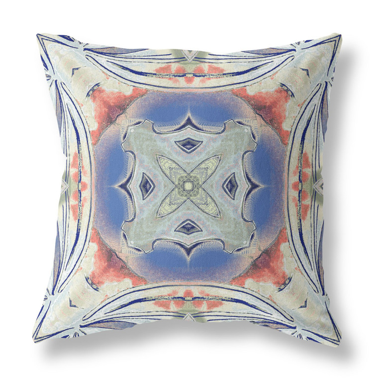 18" X 18" Cream And Blue Blown Seam Geometric Indoor Outdoor Throw Pillow - 606114675457