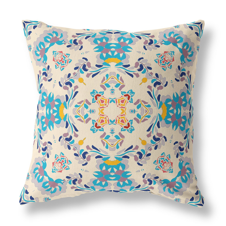 26" Blue White Filigree Indoor Outdoor Zip Throw Pillow - 808230195097