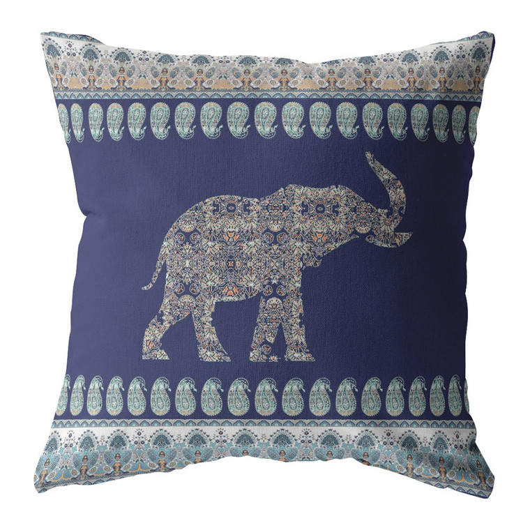 20” Navy Ornate Elephant Indoor Outdoor Zippered Throw Pillow - 606114012412