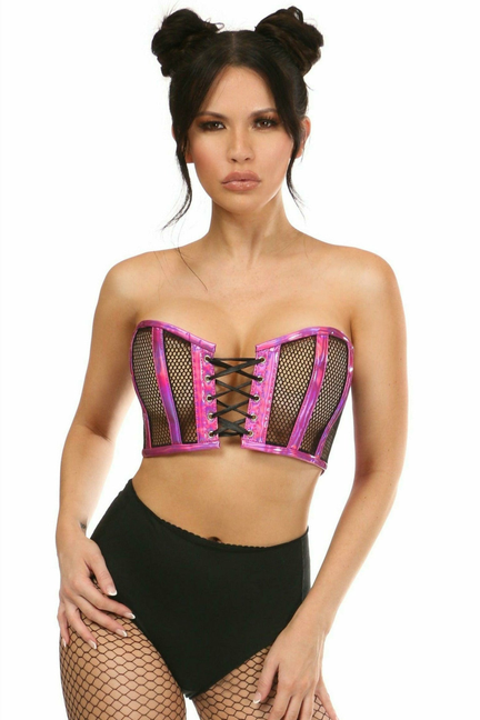 Lavish Holo & Fishnet Lace-Up Short Bustier Top