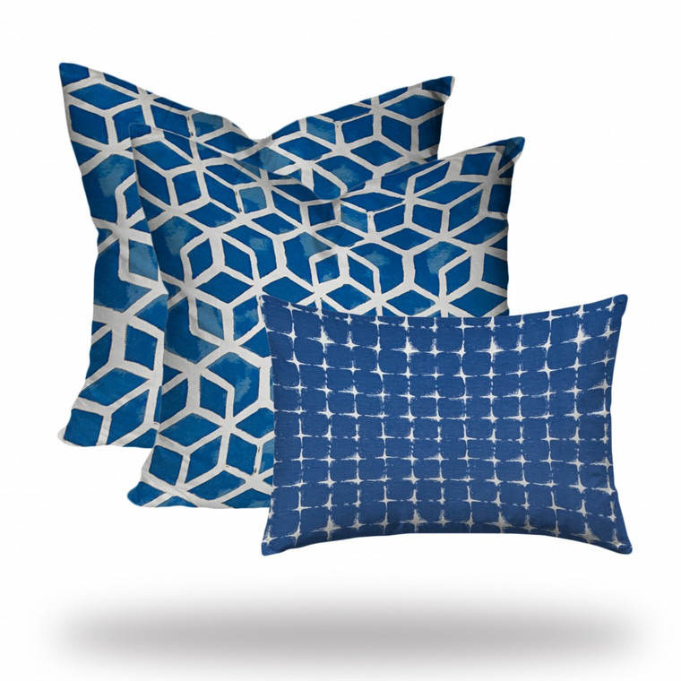 Set of 3 Blue Geo Star Indoor Outdoor Zippered Pillow Covers - 808230182141