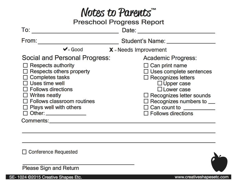Preschool Progress Report - Notes to Parents