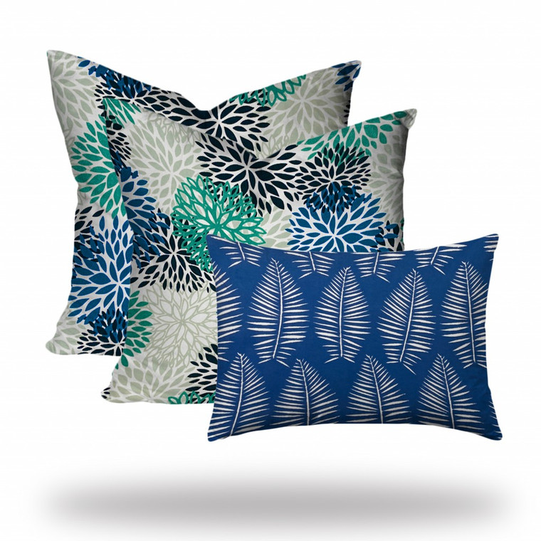 Set Of Three 20" X 20" Blue And White Zippered Floral Throw Indoor Outdoor Pillow - 606114096634