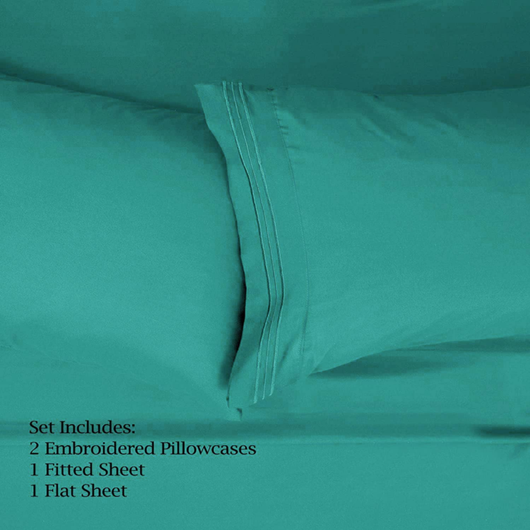 Teal Blue 200 Embroidery Soft Sheet Set Wrinkle Resistant