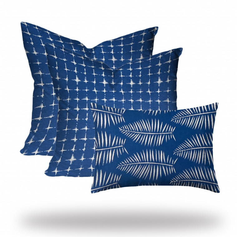 Set Of Three 20" X 20" Blue And White Blown Seam Gingham Throw Indoor Outdoor Pillow - 606114095194