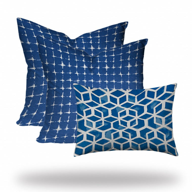 Set Of Three 20" X 20" Blue And White Blown Seam Geometric Throw Indoor Outdoor Pillow - 606114095392