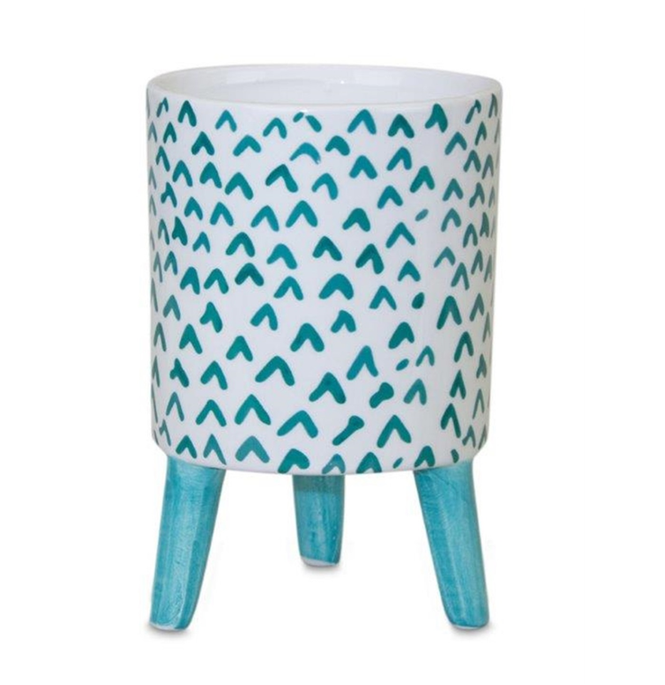 Set of Two Aqua Teal And White Ceramic 2 Ounce Round Raised Pot Planters