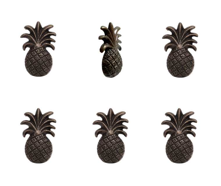 Set of Six Antiqued Bronze Metal Pineapple Drawer Pull Knobs