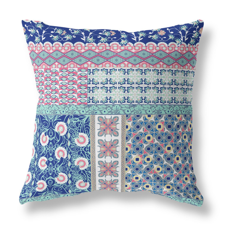 16” Blue Pink Patch Indoor Outdoor Zippered Throw Pillow - 808230192492