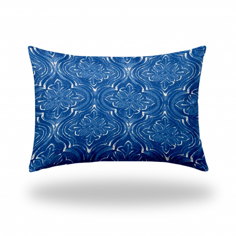 14" X 20" Blue And White Blown Seam Ikat Lumbar Indoor Outdoor Pillow - 606114098799