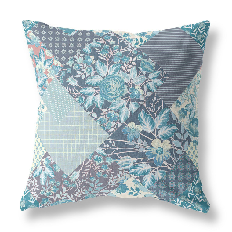 16" Aqua Navy Boho Floral Indoor Outdoor Throw Pillow - 606114022411