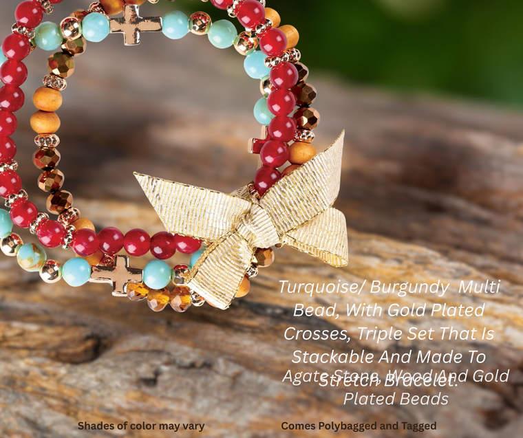 Bracelet Triple Turqoise Burgundy Beads