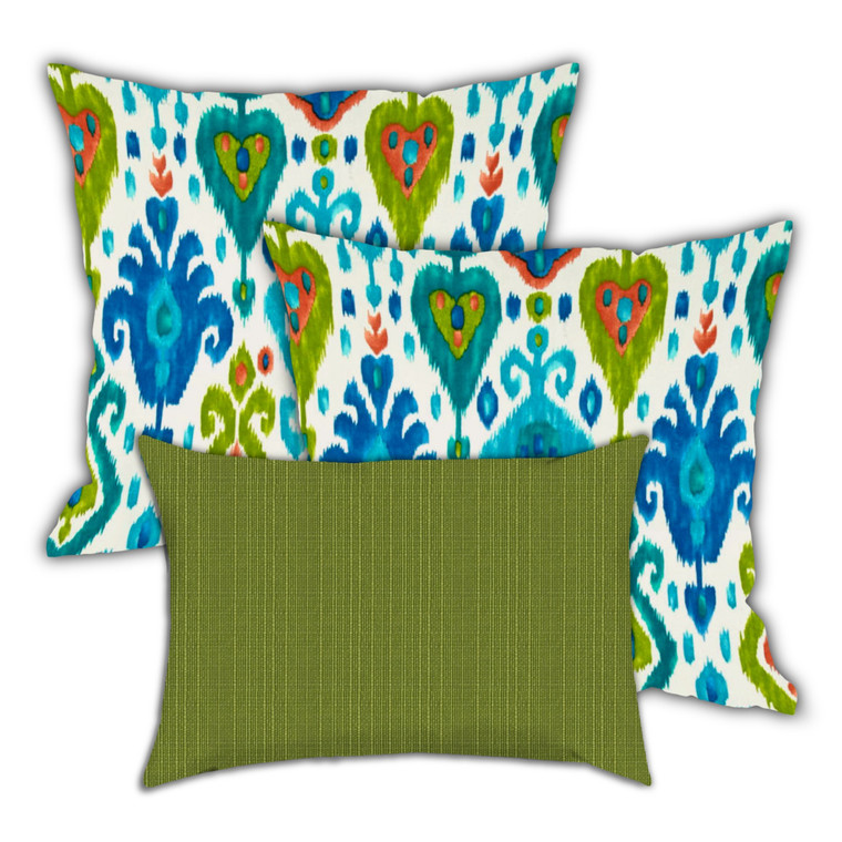 Set Of Three 18" X 18" Green And White Zippered Ikat Throw Indoor Outdoor Pillow - 606114102748