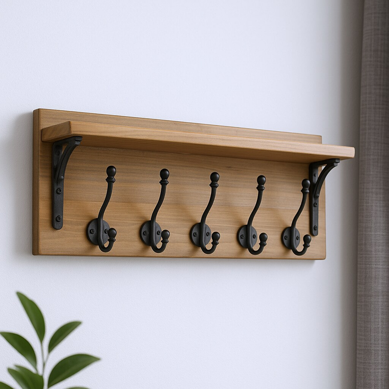 6" Black And Brown Metal And Solid Wood Five Hook Wall Mount Coat Rack