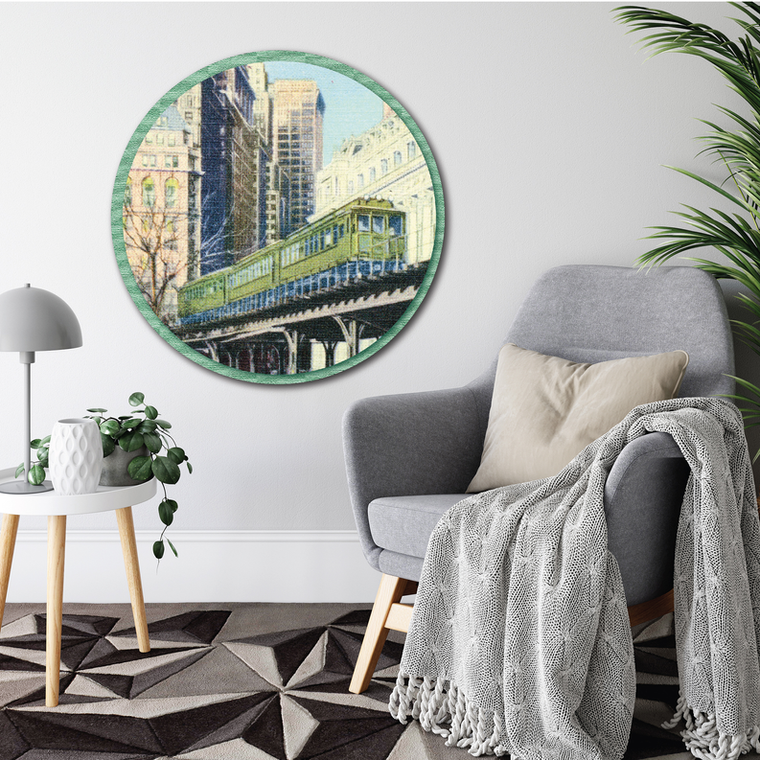 Courtside Market Elevated Railway Train NYC Postcard Circular Wood Decor