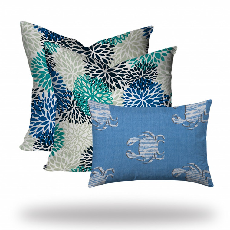 Set of 3 Blue Coastal Indoor Outdoor Sewn Pillows - 808230183025