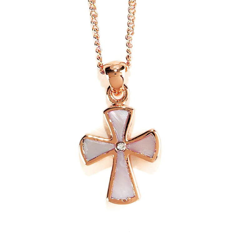 Rose Plated Mother Of Pearl Flare Cross Necklace