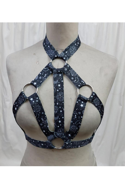 Celestial Print Stretchy Body Harness with Silver Hardware