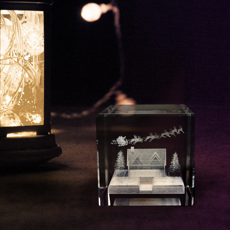 Up on the House Top Laser-engraved Crystal Cube