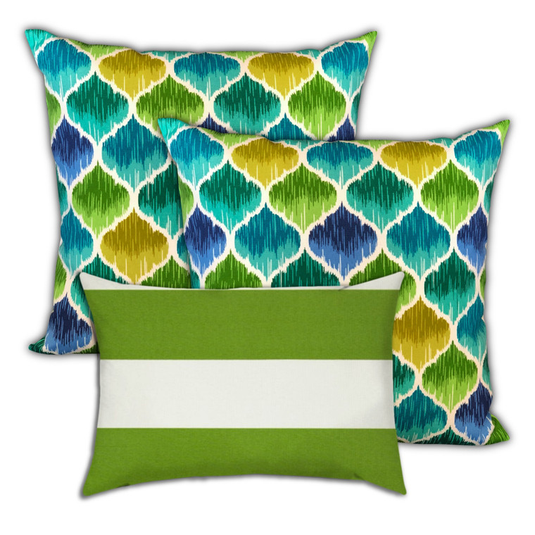 Set Of Three 18" X 18" Green And Yellow Blown Seam Quatrefoil Throw Indoor Outdoor Pillow - 606114102403