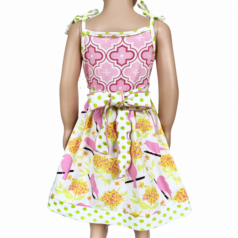 AnnLoren Girls Dress Spring Birds and Pink Arabesque Cotton Knit Spaghetti Straps