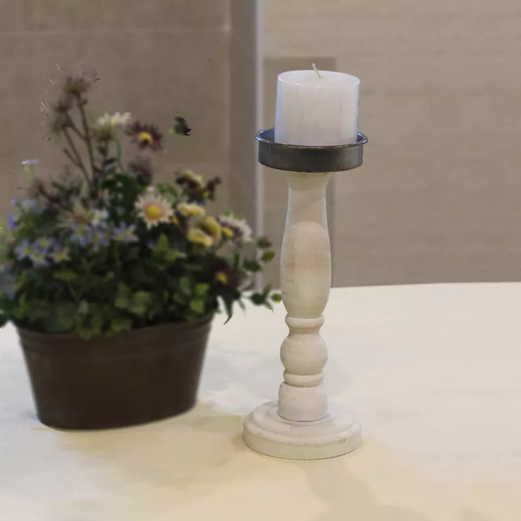 White Distressed Carved Wooden Pillar Candle Holder for Table Mantle
