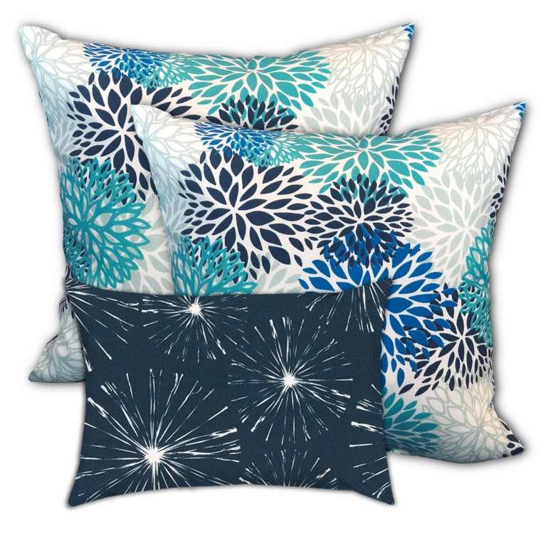 Set Of Three 19" X 19" Blue And White Zippered Floral Throw Indoor Outdoor Pillow Cover - 606114103677