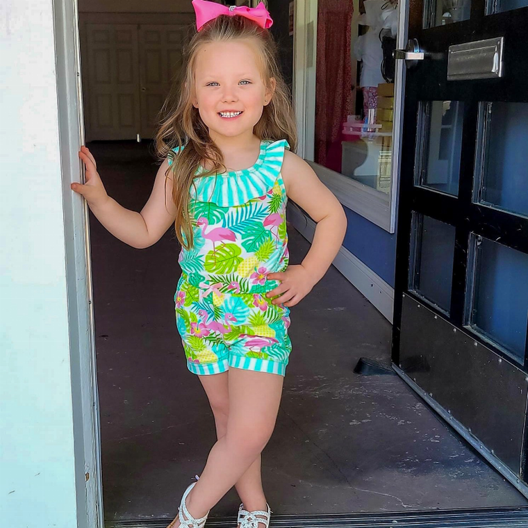 AnnLoren Little & Big Girls Pink Flamingo Palm Tree Kids Shorts Jumpsuit