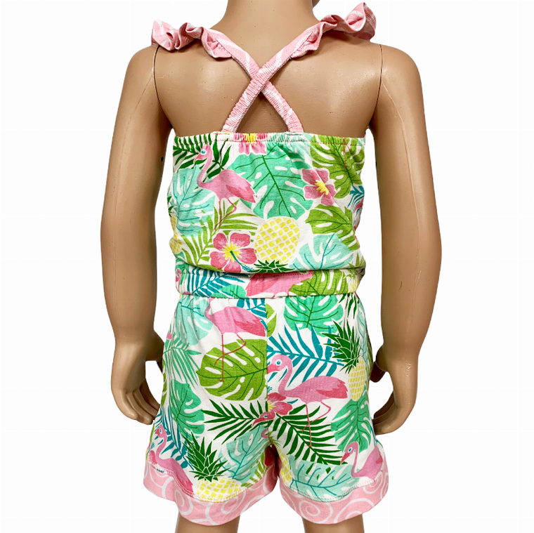 AnnLoren Little & Big Girls Pink Flamingo Palm Tree Kids Shorts Jumpsuit