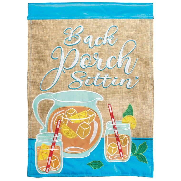 Back Porch Sittin' Burlap Double Applique Plus Garden Flag