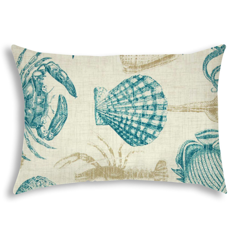 14" X 20" Teal And Ivory Seashells Blown Seam Nautical Lumbar Indoor Outdoor Pillow - 606114089629