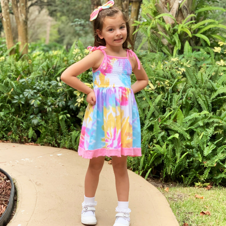 AnnLoren Big Little Girls Pastel Tie Dye Smocked Summer Swing Dress