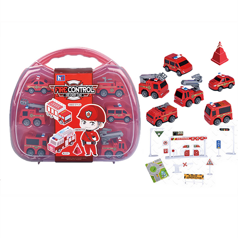 Set of Pull-Back Fire Vehicles and Accessories in Carry Case