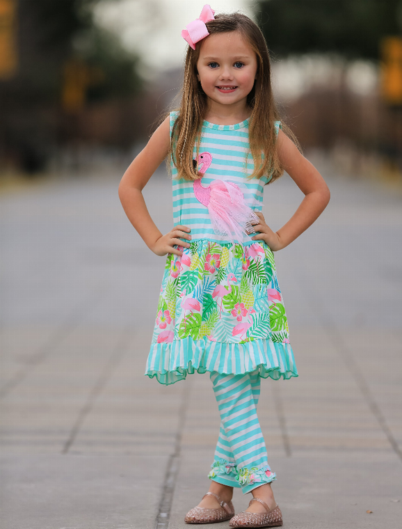 AnnLoren Big Little Toddler Girls' Pink Flamingo Palm Tree Dress & Capri Children's Cruise Wear Outfit