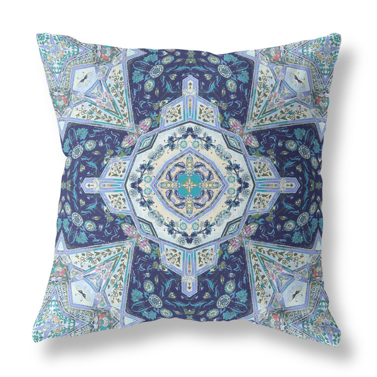 28” Indigo Blue Floral Geo Indoor Outdoor Throw Pillow - 606114055709