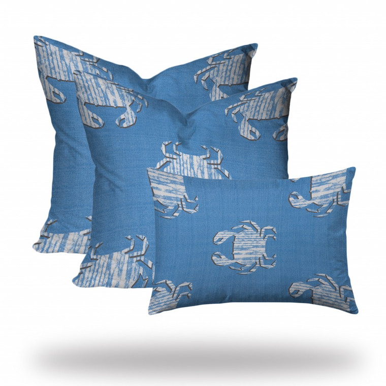 Set Of Three 20" X 20" Blue And White Crab Enveloped Coastal Throw Indoor Outdoor Pillow Cover - 606114096559