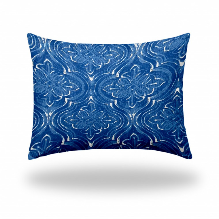 12" X 16" Blue And White Blown Seam Ikat Lumbar Indoor Outdoor Pillow - 606114098591